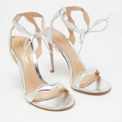 Pre Owned Gianvito Rossi Silver Leather Wavy Ankle Tie Sandals Size 38