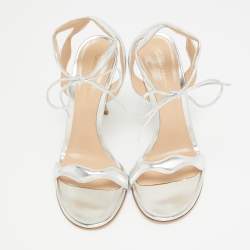Pre Owned Gianvito Rossi Silver Leather Wavy Ankle Tie Sandals Size 38