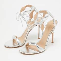 Pre Owned Gianvito Rossi Silver Leather Wavy Ankle Tie Sandals Size 38