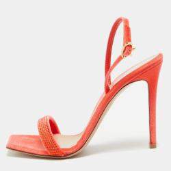 Pre Owned Gianvito Rossi Poppy Red Velvet Embellished Britney Sandals Size 39.5