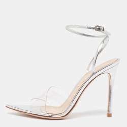 Pre Owned Gianvito Rossi Silver Leather and PVC Stark Sandals Size 35.5