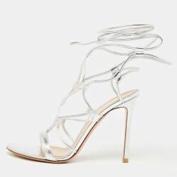 Gianvito Rossi Silver Leather Giza Ankle Wrap Sandals Size 38.5