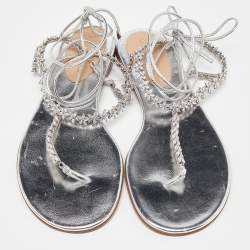 Pre Owned Gianvito Rossi Silver Leather Ankle Wrap Thong Sandals Size 39