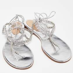 Pre Owned Gianvito Rossi Silver Leather Ankle Wrap Thong Sandals Size 39