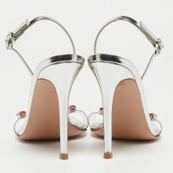 Pre Owned Gianvito Rossi Silver Leather and PVC Ribbon Candy Sandals Size 37