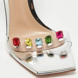 Pre Owned Gianvito Rossi Silver Leather and PVC Ribbon Candy Sandals Size 37