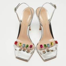 Pre Owned Gianvito Rossi Silver Leather and PVC Ribbon Candy Sandals Size 37