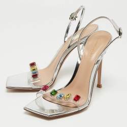 Pre Owned Gianvito Rossi Silver Leather and PVC Ribbon Candy Sandals Size 37