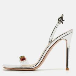 Pre Owned Gianvito Rossi Silver Leather and PVC Ribbon Candy Sandals Size 37