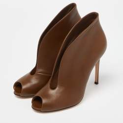 Pre Owned Gianvito Rossi Brown Leather Vamp Peep Toe Booties Size 39