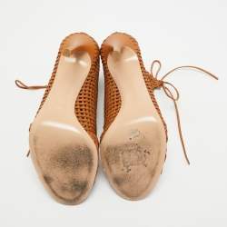 Pre Owned Gianvito Rossi Brown Woven Leather Lace Up Ankle Boots Size 38.5