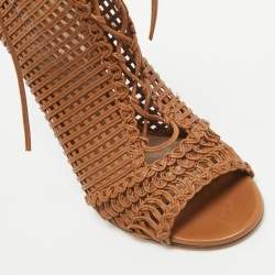 Pre Owned Gianvito Rossi Brown Woven Leather Lace Up Ankle Boots Size 38.5