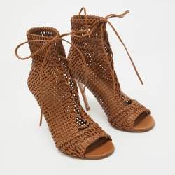 Pre Owned Gianvito Rossi Brown Woven Leather Lace Up Ankle Boots Size 38.5
