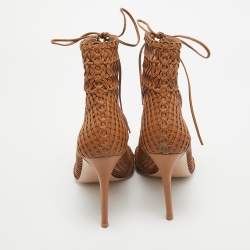 Pre Owned Gianvito Rossi Brown Woven Leather Lace Up Ankle Boots Size 38.5
