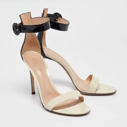 Pre Owned Gianvito Rossi Black/Off White Patent Leather Portofino Sandals Size 39.5