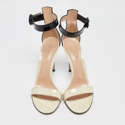 Pre Owned Gianvito Rossi Black/Off White Patent Leather Portofino Sandals Size 39.5