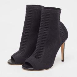 Pre Owned Gianvito Rossi Black Knit Fabric Open Toe Ankle Length Boots Size 37