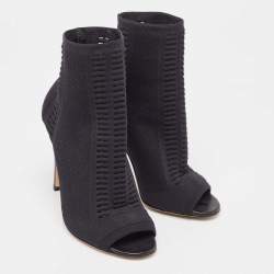 Pre Owned Gianvito Rossi Black Knit Fabric Open Toe Ankle Length Boots Size 37