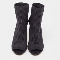 Pre Owned Gianvito Rossi Black Knit Fabric Open Toe Ankle Length Boots Size 37
