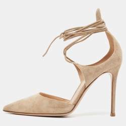 Pre Owned Gianvito Rossi Beige Suede Ankle Tie Pumps Size 37.5
