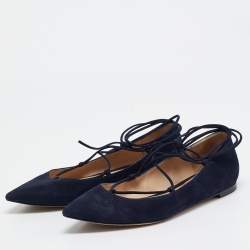 Gianvito Rossi Navy Blue Suede Femi Ankle Tie Ballet Flats Size 39.5