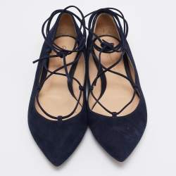 Gianvito Rossi Navy Blue Suede Femi Ankle Tie Ballet Flats Size 39.5