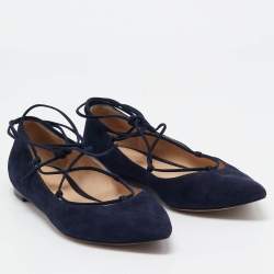 Gianvito Rossi Navy Blue Suede Femi Ankle Tie Ballet Flats Size 39.5