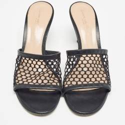 Gianvito Rossi Black Leather and Mesh Slide Sandals Size 38.5