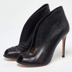 Gianvito Rossi Black Leather Vamp Peep Toe Booties Size 37.5