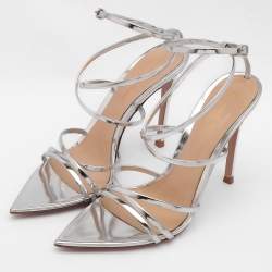 Pre Owned Gianvito Rossi Silver Leather Kim Ankle Strap Sandals Size 37