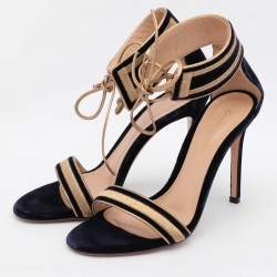 Pre Owned Gianvito Rossi Blue/Gold Velvet and Leather Augusta Ankle Cuff Sandals Size 36
