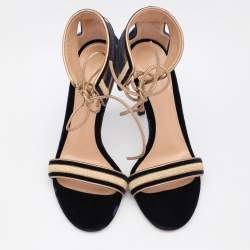 Pre Owned Gianvito Rossi Blue/Gold Velvet and Leather Augusta Ankle Cuff Sandals Size 36