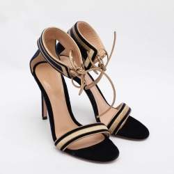 Pre Owned Gianvito Rossi Blue/Gold Velvet and Leather Augusta Ankle Cuff Sandals Size 36