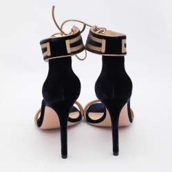 Pre Owned Gianvito Rossi Blue/Gold Velvet and Leather Augusta Ankle Cuff Sandals Size 36