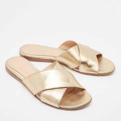Pre Owned Gianvito Rossi Gold Leather Flat Slides Size 38.5
