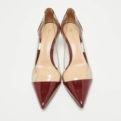 Pre Owned Gianvito Rossi Burgundy Patent Leather and PVC Plexi Pointed Toe Pumps Size 38.5