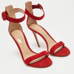 Gianvito Rossi Red Suede Portofino Ankle Strap Sandals Size 38.5