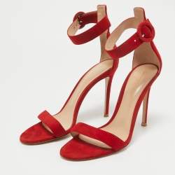 Gianvito Rossi Red Suede Portofino Ankle Strap Sandals Size 38.5