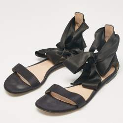 Pre Owned Gianvito Rossi Black Satin Ankle Tie Flat Sandals Size 40