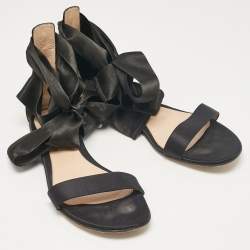 Pre Owned Gianvito Rossi Black Satin Ankle Tie Flat Sandals Size 40