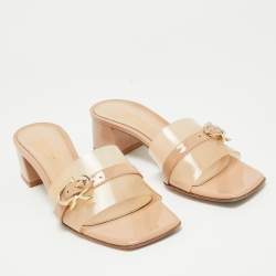 Pre Owned Gianvito Rossi Beige Patent Leather and PVC Gemini Slide Sandals Size 37.5