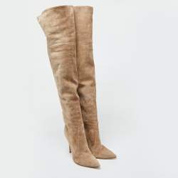Pre Owned Gianvito Rossi Beige Suede Pointed Toe Over The Knee Boots Size 39.5