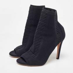 Pre Owned Gianvito Rossi Black Knit Fabric Vires Open Toe Ankle Booties Size 37.5
