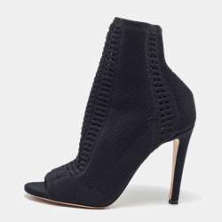 Pre Owned Gianvito Rossi Black Knit Fabric Vires Open Toe Ankle Booties Size 37.5