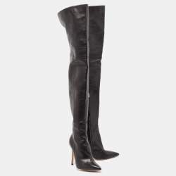 Pre Owned Gianvito Rossi Black Patent Leather Pointed-Toe Over The Knee Boots Size 38