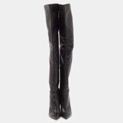 Pre Owned Gianvito Rossi Black Patent Leather Pointed-Toe Over The Knee Boots Size 38