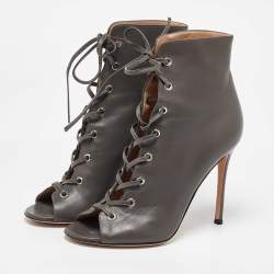 Pre Owned Gianvito Rossi Grey Leather Open Toe Lace up Ankle Length Boots Size 40