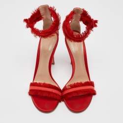 Gianvito Rossi Red Satin Frayed Caribe Ankle Strap Sandals Size 38.5