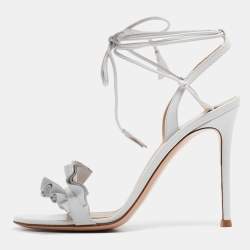 Pre Owned Gianvito Rossi Light Grey Leather Ruffled Ankle Wrap Sandals Size 38.5