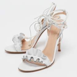 Pre Owned Gianvito Rossi Light Grey Leather Ruffled Ankle Wrap Sandals Size 38.5